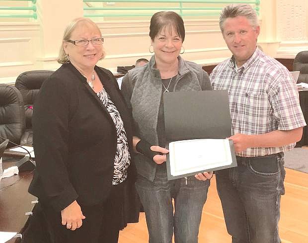 Churchill County School District recognized Classified Employee Week, which was last week. From left are CCSD Superintendent Dr. Sandra Sheldon; Debbie Smotherman, Churchill County Middle School office manager and president of the Classified Association; and Clay Hendrix, president of the CCSD School Board.