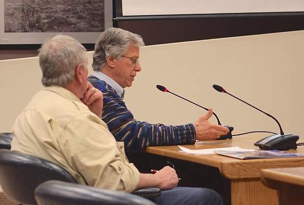 Bob Clifford, left, and Floyd Rathub speak at Wednesday&#039;s Churchill County Commission meetingon the BLM&#039;s Resource Management Plan.