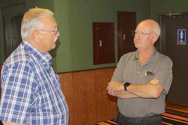 County commission candidate Bill Slentz, right, talks with Gary Smith after a Churchill County Central Republican Committee lunch.