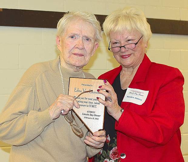 Sondra Hillary, right, chairwoman of the Churchill County Central Republican Committee, presents a plaque to Edna Van Leuven for her contributions.