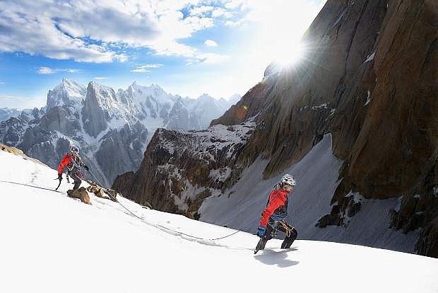David Lama and Peter Ortner climbing Trango Towers on the north side of the Baltoro Glacier, in Baltistan, a district of the Gilgit-Baltistan region of Pakistan. Corey Rich and Andrew Peacock were there to film and photograph the expedition along with RC helicopter operator Remo Masina.