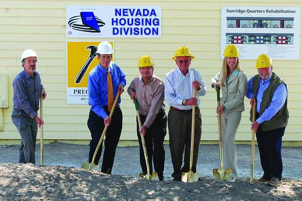 Those participating in the groundbreaking are, from left, Eric Novak, Praxis Consulting; Mike Dang, chief of Programs for Nevada Housing Division; Perry Comeaux, president of Nevada Rural Housing, Inc.; Willis Swan, chairman of the Nevada Rural Housing Authority (NRHA) Board of Commissioners; C.J. Manthe, CFO of NRHA; Gary Longaker, executive director of NRHA.
