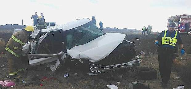 A two-car accident on Interstate 80 closed the eastbound lanes on Monday afternoon and sent three people to the hospital in Reno.