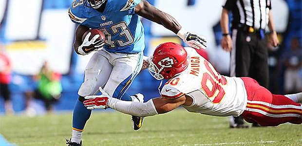 Fallon&#039;s Josh Mauga makes a tackle against SanDiego in 2014.