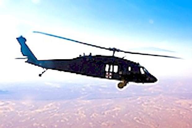 A Blackhawk helicopter flown by Company C, 1/168th General Support Aviation Battalion of the Nevada Army National Guard completes another mission.