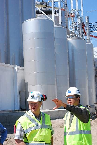 Fallon plant manager Wes Clark, right, gives Congressman Mark Amodei a tour on Tuesday of the new dry milk plant, which is scheduled to open later this year.