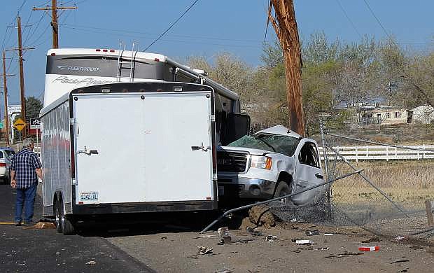 A recrteational vehicle pulling a trailer was involved in an accident Monday morning on the Reno Highway when the driver of the GMC pickup turned in front of the RV.