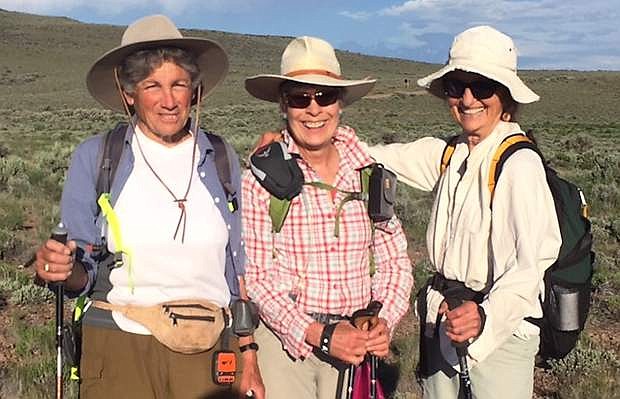 From left, Julie Weikel, Helen Harbin and Alice Elshoff spent five days hiking and camping on the sagebrush steppe of northern Nevada and southern Oregon this month.