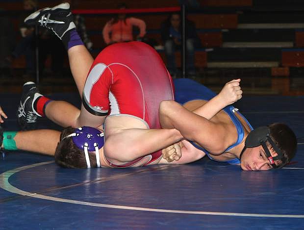 152 lb. JV wrestler Jesse Case of Carson defeats Spanish Springs&#039; James Donohue with a winning move at Carson High Saturday.