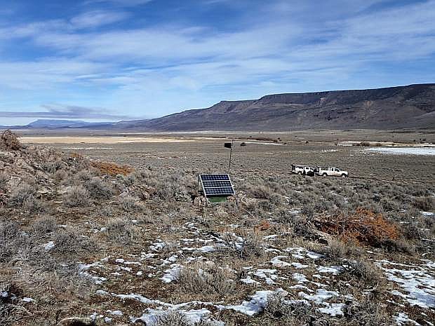 A solar panel powers a seismometersat a Coleman Canyon ranch in northwestern Nevada.