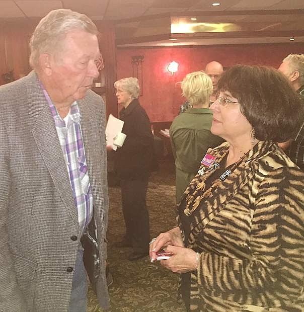 Carol Del Carlo, a candidate for the Board of Regents, visited Fallon on Wednesday. First, she attended the Churchill Economic Development Authority breakfast meeting and then visited Western Nevada College.She is pictured with Jim Falk after the CEDA breakfast.