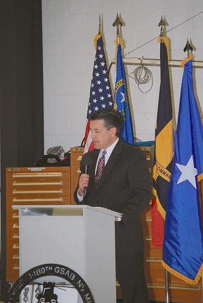 Gov. Brian Sandoval speaks to a Nevada Guard unit before it deploys to Afghanistan in 2012.