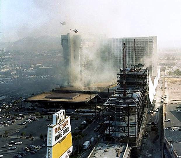 A view of the MGM Grand during the Nov. 21, 1980, fire shot from the Las Vegas Strip side of the casino.