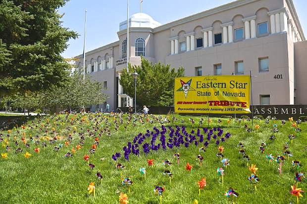 Hundreds of pinwheels adorn the lawn of the Legislative Building Wednesday signifying the donations to UNR&#039;s cancer research honoring loved ones in the battle against cancer.