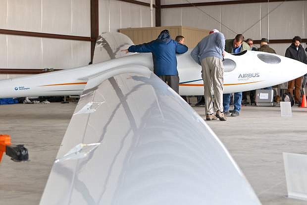 The Perlan 2 glider is on display in its new hangar at the Minden Airport Wednesday.