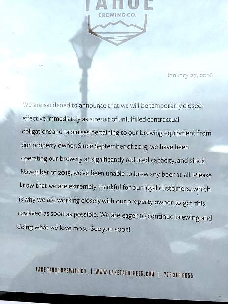 A look at the sign on the door at Lake Tahoe Brewing Company&#039;s Carson City location.