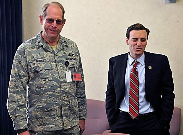Nevada National Guard Adjutant General, Brig. Gen. William Burks, left, meets with Nevada Attorney General Adam Laxalt  to discuss the potential creation of a military legal assistance program. Laxalt, elected in November and a former Navy Judge Advocate General, said he wants to create an Office of Military Legal Assistance to match veterans and private lawyers looking to work pro-bono on certain civil cases.