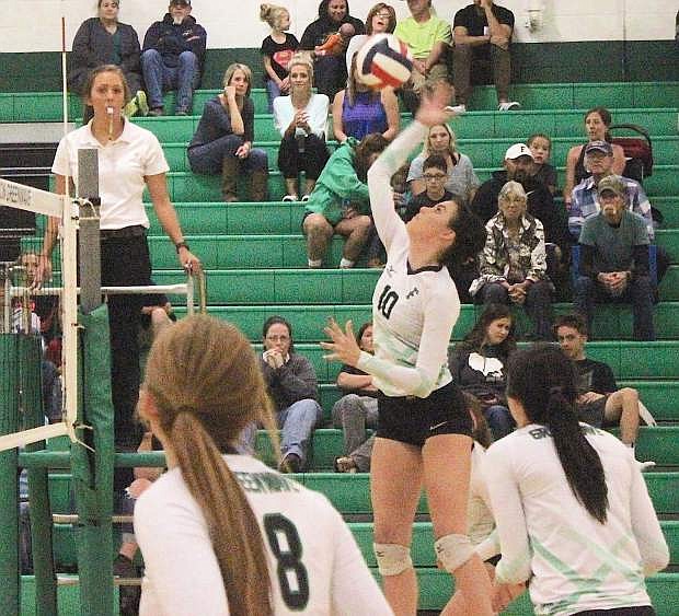 The Lady Wave&#039;s Haylee Paladini (10) positions herself for a kill against Sparks in the first set of Wednesday&#039;s match in Fallon.