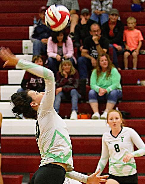 Fallon&#039;s Haylee Paladini going up for a kill.