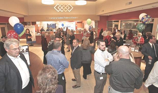 People gather Wednesday evening for United Federal Credit Union&#039;s Jack&#039;s Valley branch ribbon cutting. Dignitaries from Carson City, Douglas County and the Governor&#039;s office were onhand for the occasion.
