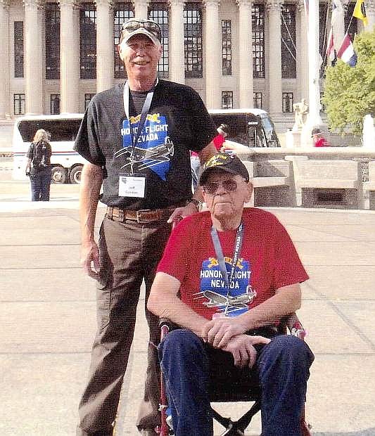 Luther Gordon, front, who served during World War Ii ad fought at the Battle of the Bulge, traveled to Washington D.C. earlier this year with his son Jeff on a Honor Flight Nevada trip.