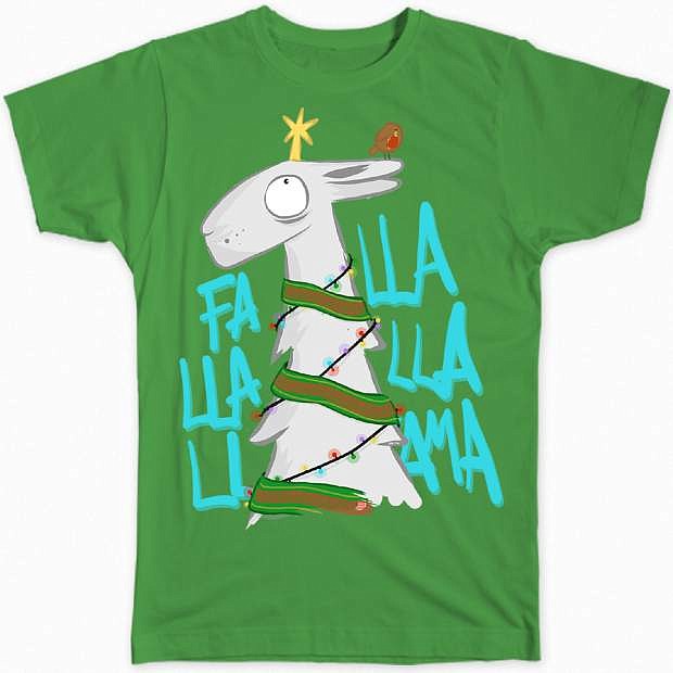 This image released by Barry Sellers shows a holiday-themed T-shirt featuring a llama. With Christmas and Hanukkah bumping together this year _ Hanukkah begins on Dec. 24 _ llamas have become an oddball theme on ugly sweaters, gift wrap, greeting cards and other items for both holidays. (Barry Sellers via AP)