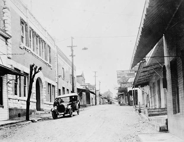 View of Main Street in San Andreas, including the courthouse (left), in the 1930s.