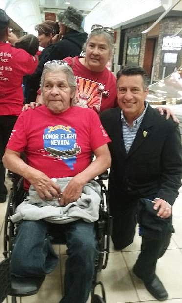 Wyman and Joannie Sargent of Carson City are seen with Governor Brian Sandoval at the Reno Tahoe International Airport upon arrival of the first all Native American Veterans Honor Flight to Washington, D.C. last month. Wyman is a Navy veteran who served in Vietnam.