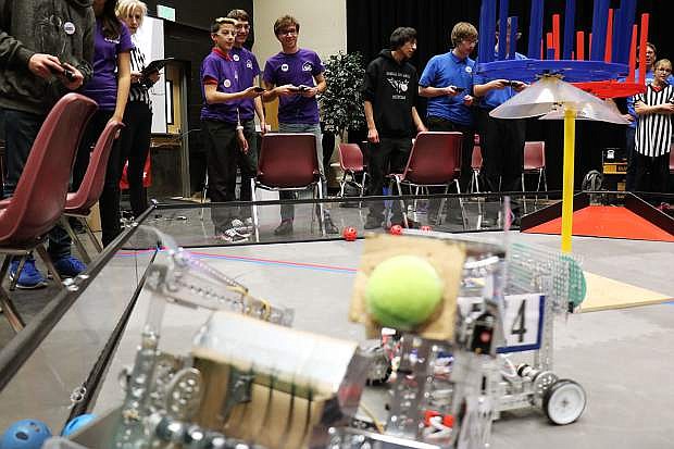 Five Northern Nevada robotic teams competed in seven rounds of the FIRST Tech Challenge at Western Nevada College Wednesday night.