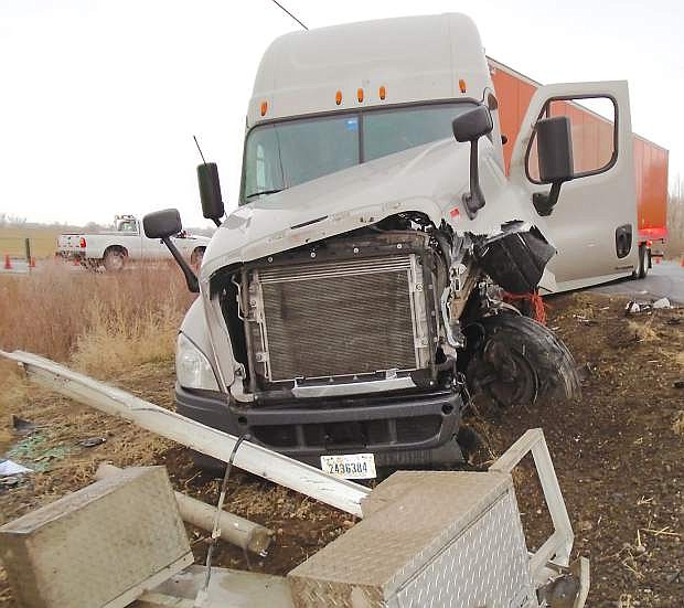 A silver Freightliner commercial vehicle and pickup collided at U.S. 95 South and St. Clair Road Wednesday morning at 7:39 a.m.