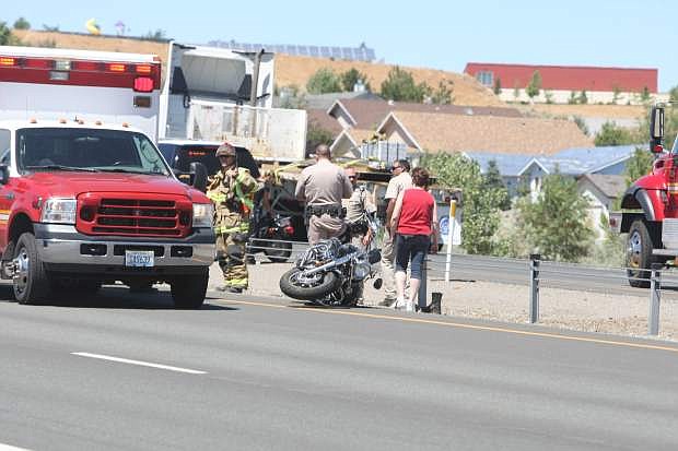 A motorcyclist was injured Wednesday after an accident on Highway 395 between Mica Drive and Jacks Valley Road. Traffic was backed up while the Nevada Highway Patrol investigated the crash. No other information was available Wednesday.