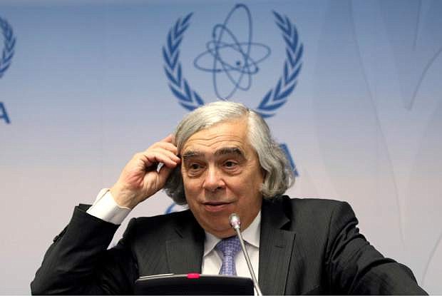 FILE - In this Sept. 26, 2016 file photo, Energy Ernest Moniz speaks in Vienna, Austria. Moniz says any effort to revive the long-dormant nuclear waste dump at Nevada&#039;s Yucca Mountain is doomed to fail because the project lacks support from elected officials in the state. (AP Photo/Ronald Zak, File)
