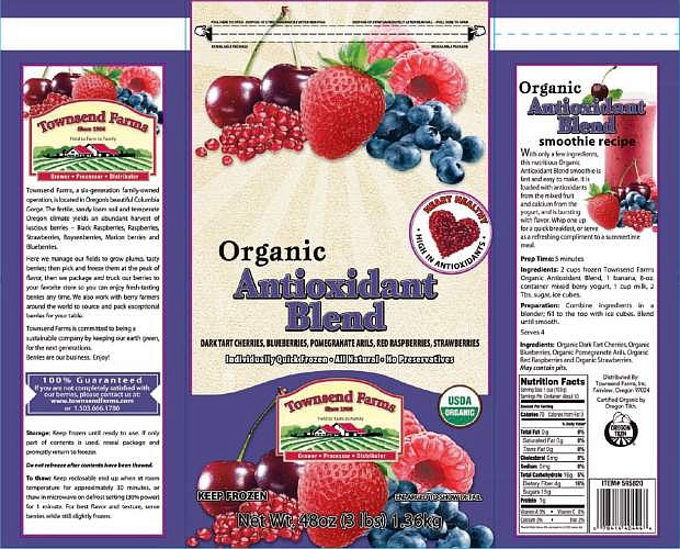 This handout image provided by the Food and Drug Administration (FDA) shows the label of Townsend Farms of Fairview, Ore., Organic Antioxidant Blend, packaged under the Townsend Farms label at Costco and under the Harris Teeter brand at those stores. The Oregon company is recalling a frozen berry mix sold to Costco and Harris Teeter stores after the product was linked to at least 34 hepatitis A illnesses in five states. (AP/FDA)
