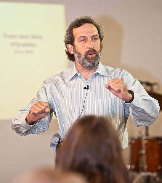 Marty Brounstein talks about his book &#039;Among the Righteous Few,&#039; a story about two non-Jewish people who helped Jewish people hide in Nazi Netherlands during World War II Wednesday evening at the First Christian Church in Carson City.