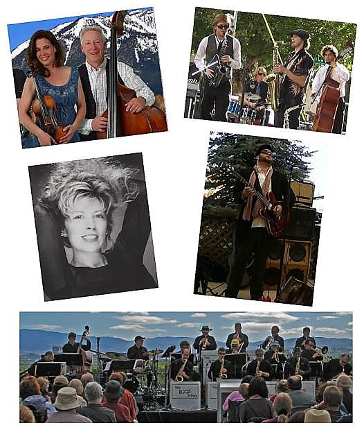 Composite photo (top to bottom, left to right): Sons of Slide Mountain, members of RVGS Tantalus performing last August, singer Lynne Colvig, singer/guitarist/drummer Tristan Selzler of the St. Christopher Project, and the Reno Jazz Orchestra.