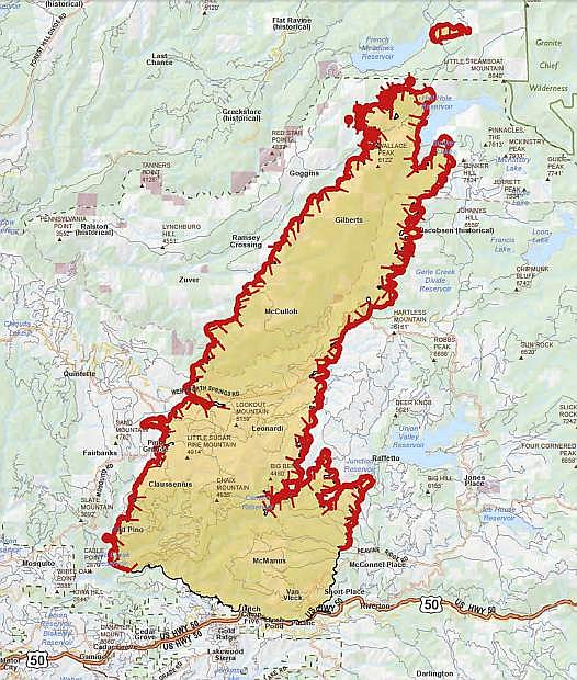 This map of the King Fire shows its spread since sparking Sept. 13.