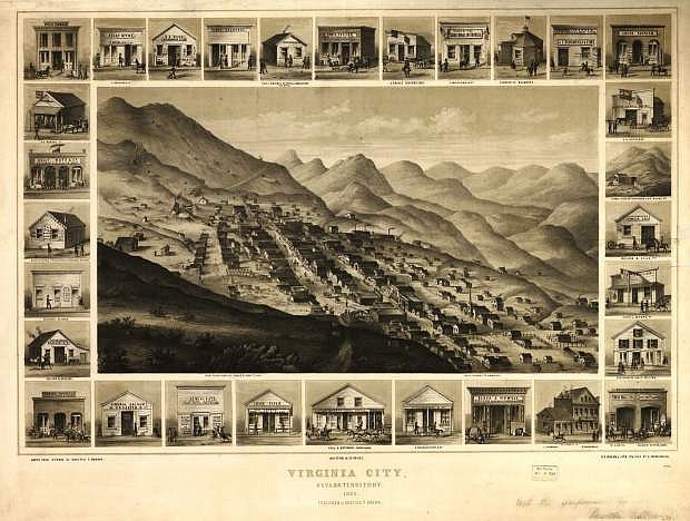 An aerial drawing of Virginia City during the Nevada Territory days, 1861.