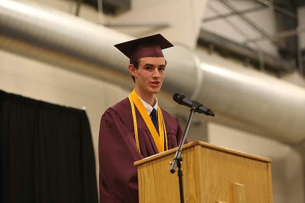 Valedictoran Riley Gruber gives his graduation speech at Sierra Lutheran High School Saturday.