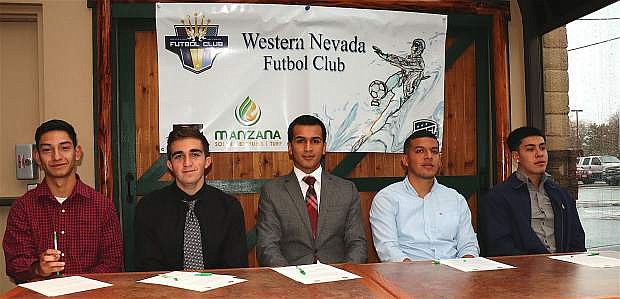 Celebration of Western Nevada Futbol Club held Wednesday at Max Casino kicked off with the team&#039;s first signees, from left, Jaime Alvila, Kyle Wilson, Alex Martinez, Cristian Hernandez and Cristian Partida.