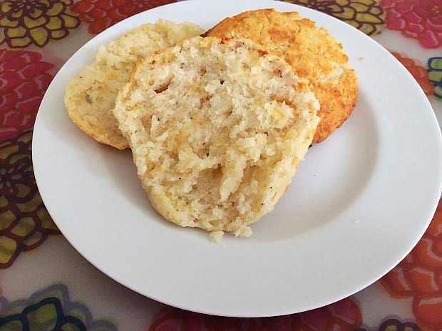 Gluten-free cheddar biscuits, a breakfast staple whose leftovers can be used for sandwiches and other dishes.