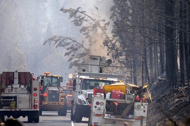 Workers cut trees burn by the Rim Fire along Highway 120 near Yosemite National Park, Calif., on Wednesday, Aug. 28, 2013. The giant wildfire burning at the edge of Yosemite National Park is 23 percent contained, U.S. fire officials said Wednesday. (AP Photo/Jae C. Hong)