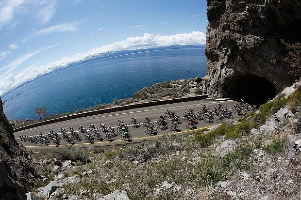 Cyclists race around Lake Tahoe during stage one of the 2015 AMGEN Tour of California Women&#039;s Race in Douglas County, Nevada.