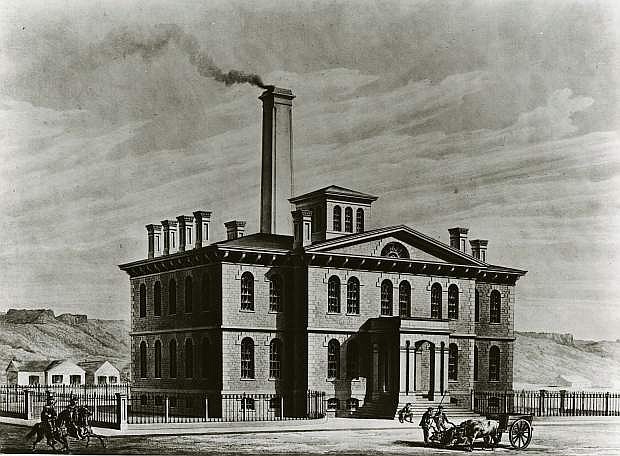 A drawing of the U.S. Mint, now the Nevada State Museum, whose first stone was laid in 1866.