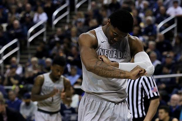 Nevada&#039;s Cameron Oliver reacts after a defensive play in the second half against Boise State on Wednesday at Lawlor Events Center.