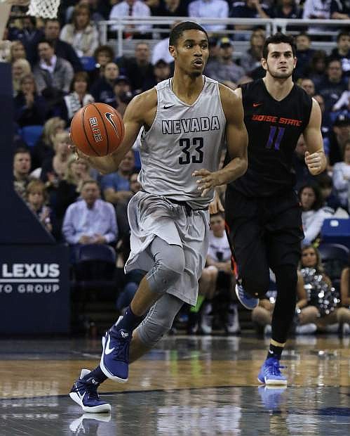 Nevada&#039; Josh Hall dribbles down the floor in the first half against Boise State on Wednesday at Lawlor Events Center.