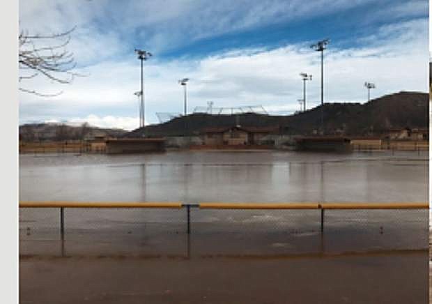 Flooding is shown at Pete Livermore Sports Complex.