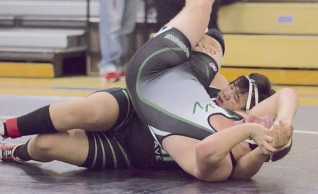 Fallon&#039;s Kobe Abe tries to pin Virgin Valley&#039;s Dayden Payne in the semifinals on Friday at Spanish Springs High School.