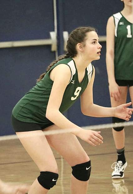Kamryn Palidini defends the net during the Sagebrush League end-of-season tournament.
