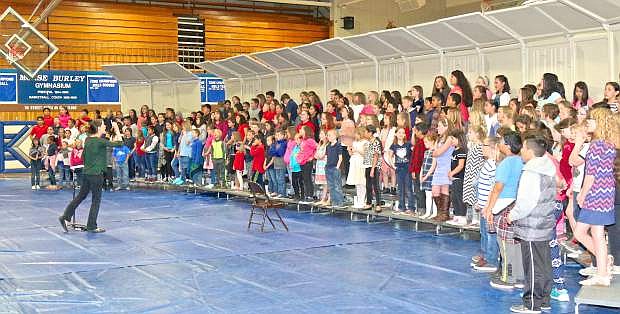 Area elementary choir students rehearse for &#039;Choirpalooza&#039; Thursday in the Morse Burley Gymasium at CHS Thursday.