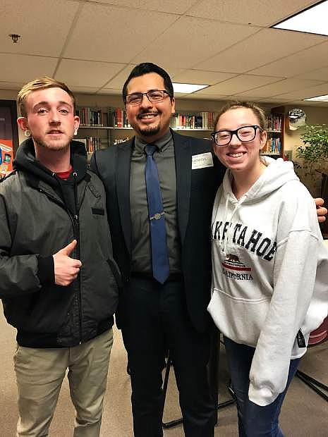 PHS students Nick Franklin and Beth Crandell with Assemblyman Edgar Flores.